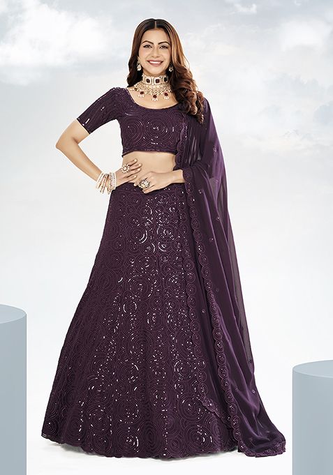 Wine Purple Sequin Embroidered Poly Georgette Lehenga Set