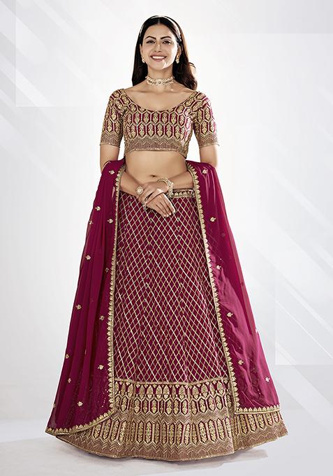 Raspberry Red Sequin Embroidered Poly Georgette Lehenga Set