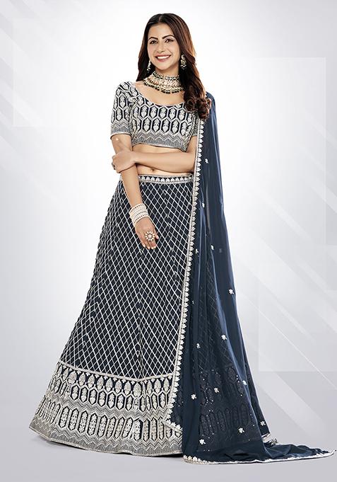 Jade Blue Sequin Embroidered Poly Georgette Lehenga Set