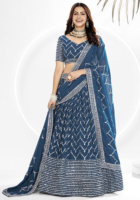 Airforce Blue Sequin Embroidered Poly Georgette Lehenga Set