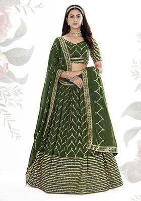 Basil Green Sequin Embroidered Poly Georgette Lehenga Set