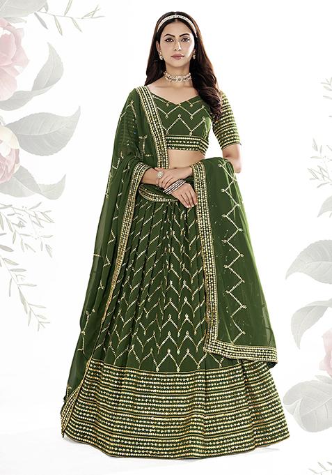 Basil Green Sequin Embroidered Poly Georgette Lehenga Set