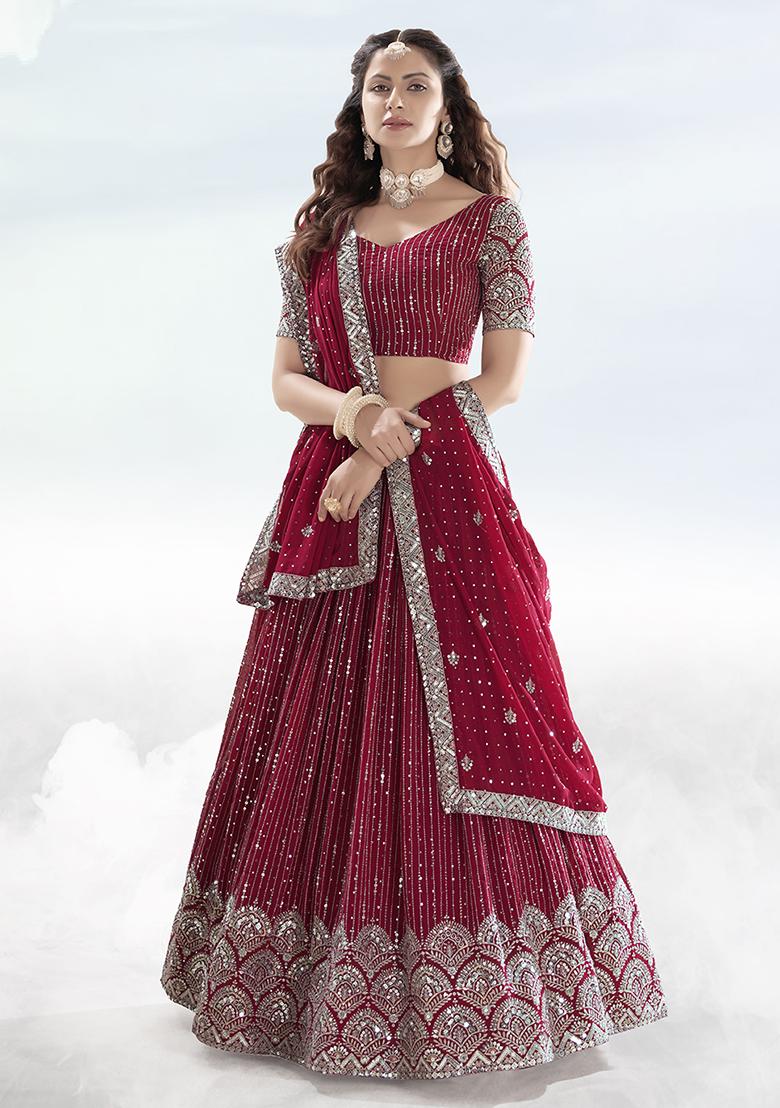 Cherry Red Sequin Embroidered Poly Georgette Lehenga Set