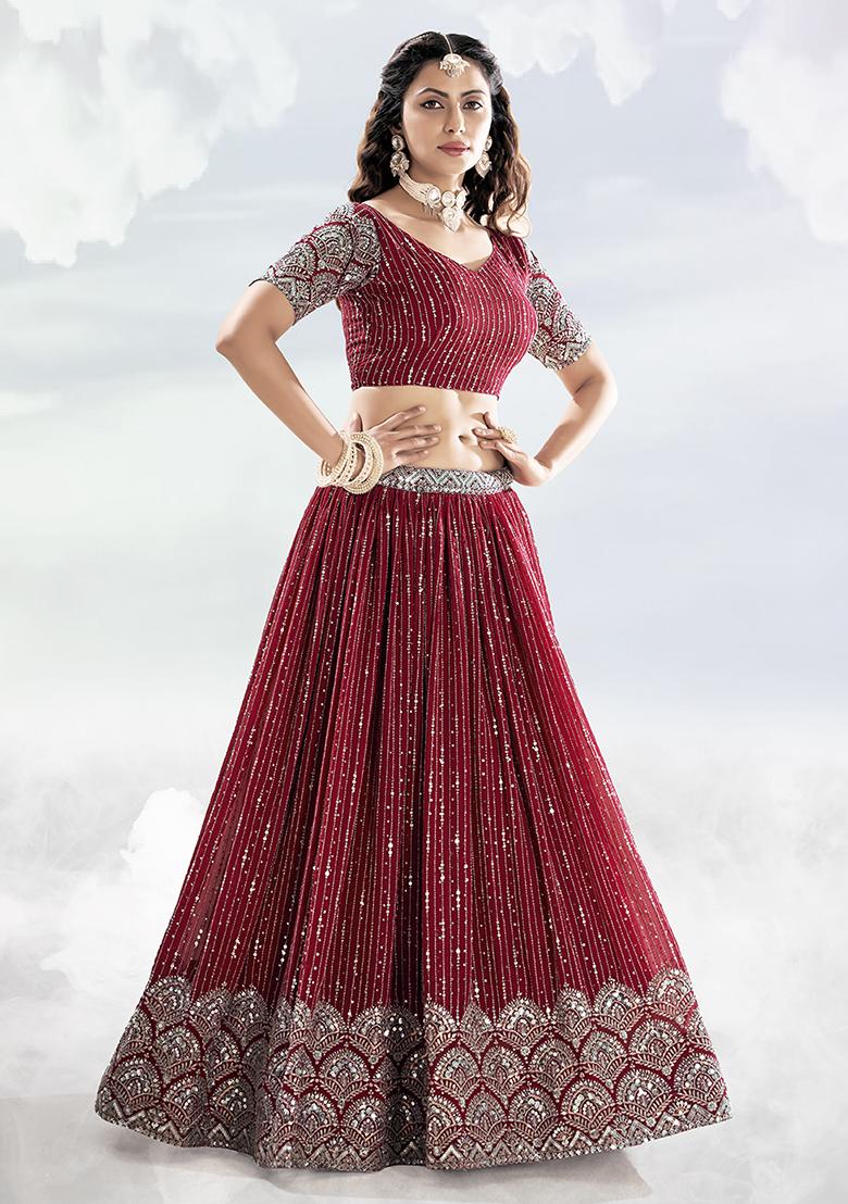 Cherry Red Sequin Embroidered Poly Georgette Lehenga Set
