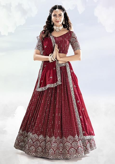 Cherry Red Sequin Embroidered Poly Georgette Lehenga Set