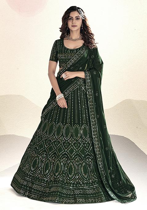 Bottle Green Sequin Embroidered Poly Georgette Lehenga Set