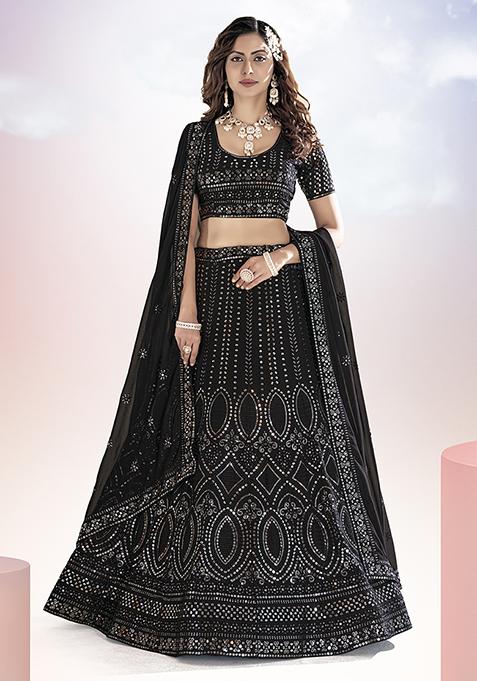 Charcoal Black Sequin Embroidered Poly Georgette Lehenga Set