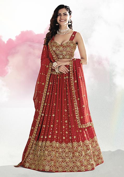 Vermilion Orange Sequin Embroidered Poly Georgette Lehenga Set