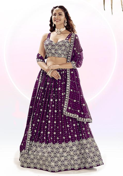 Wine Purple Floral Sequin Embroidered Poly Georgette Lehenga Set