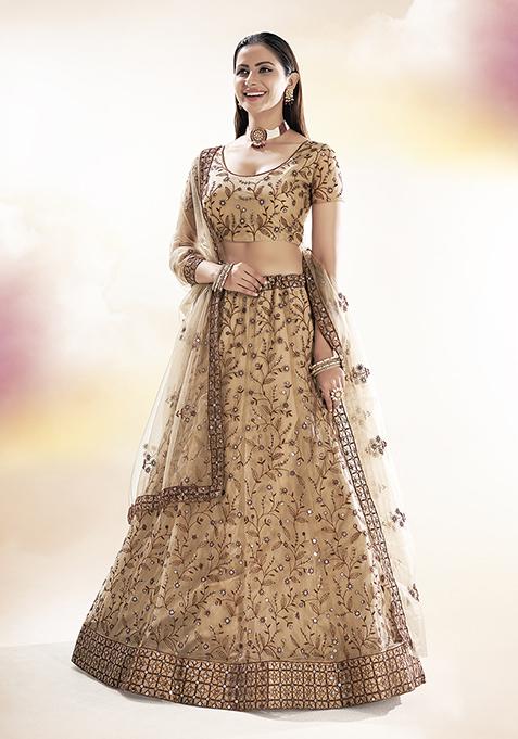 Beige Sequin Thread Embroidered Net Lehenga Set