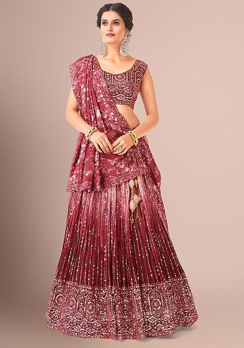 Burgundy Sequin Mirror Embroidered Poly Silk Lehenga Set