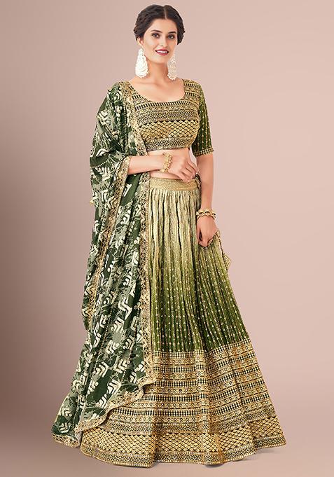 Green Sequin Embroidered Poly Silk Lehenga Set