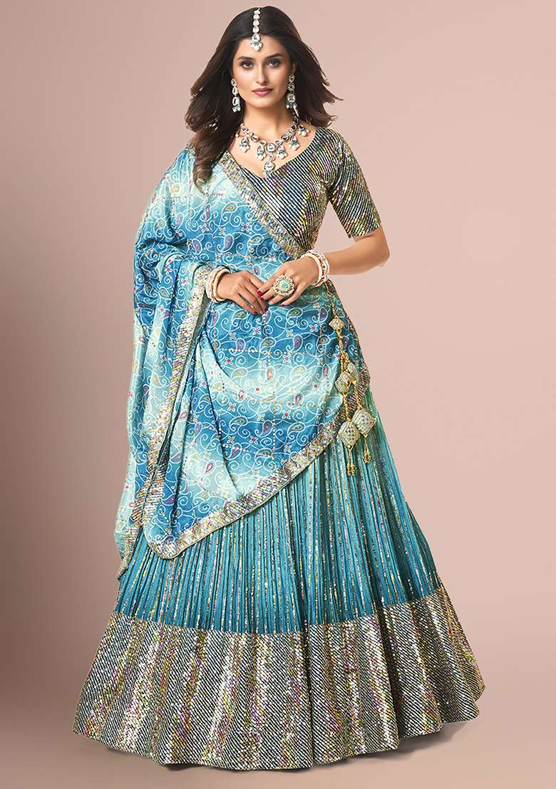 Blue Embellished Poly Silk Blend Lehenga Set with Sequin for Diwali | Wedding & Festive Wear - Indya