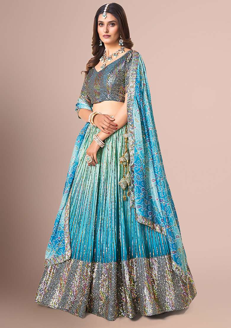 Blue Embellished Poly Silk Blend Lehenga Set with Sequin for Diwali | Wedding & Festive Wear - Indya