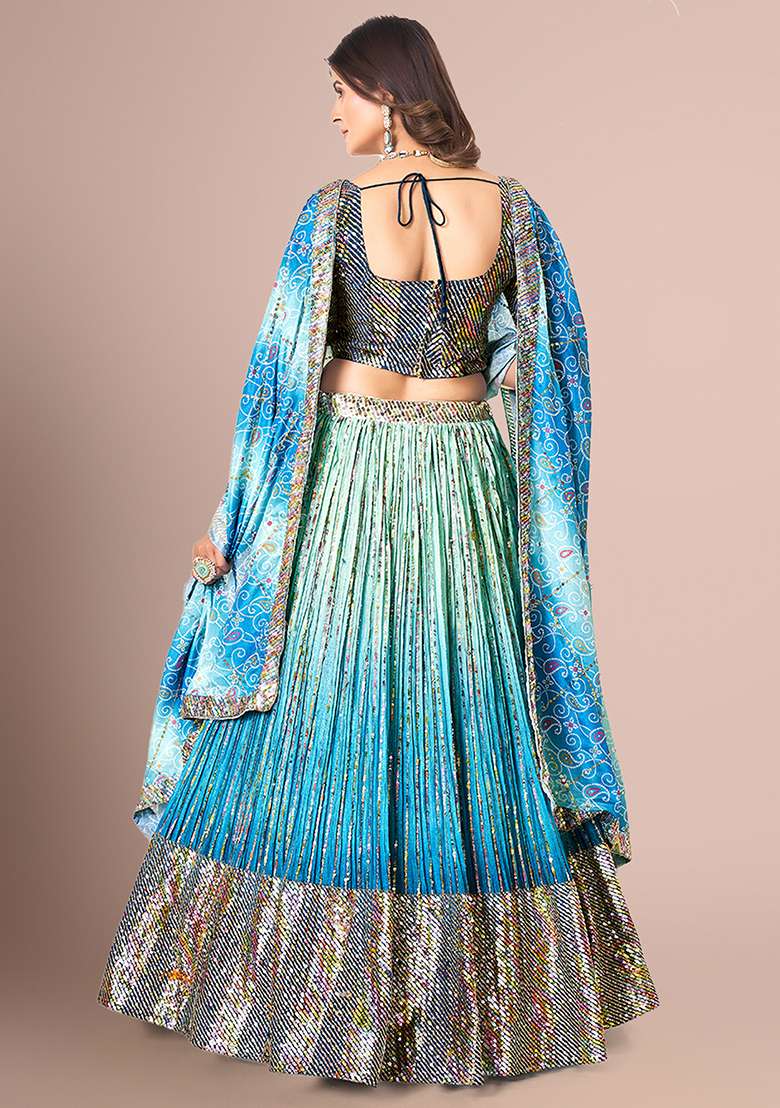 Blue Embellished Poly Silk Blend Lehenga Set with Sequin for Diwali | Wedding & Festive Wear - Indya