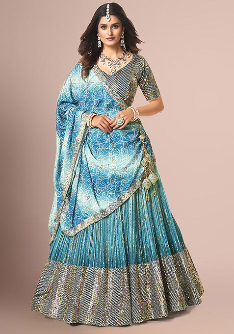 Blue Sequin Embellished Poly Silk Lehenga Set