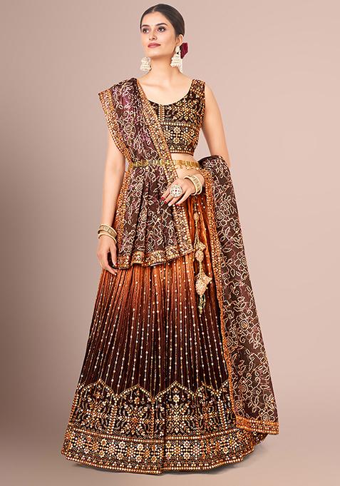 Orange And Brown Sequin Embroidered Poly Silk Lehenga Set