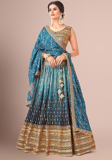 Blue Sequin Embroidered Poly Silk Lehenga Set