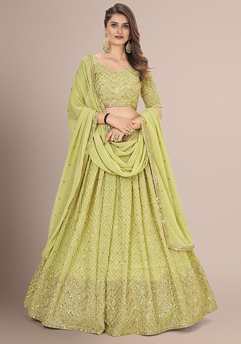 Olive Sequin Embroidered Poly Georgette Lehenga Set