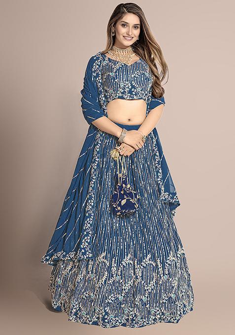 Indigo Blue Sequin Embroidered Poly Georgette Lehenga Set