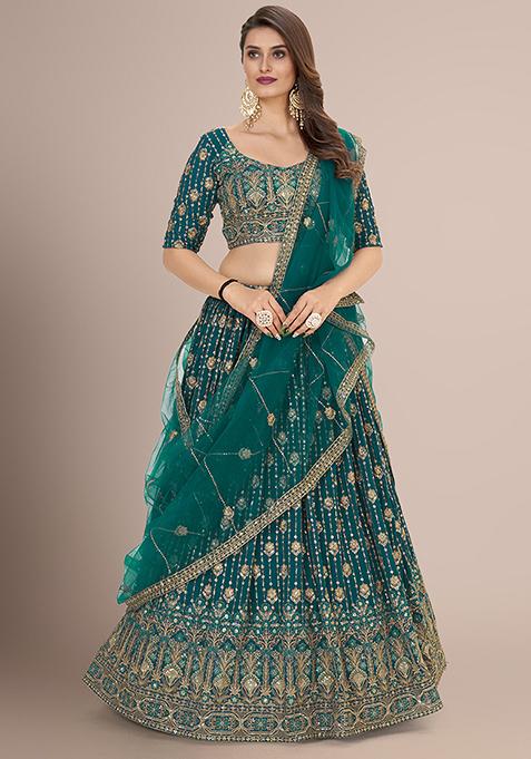 Sea Green Floral Sequin Embroidered Poly Georgette Lehenga Set