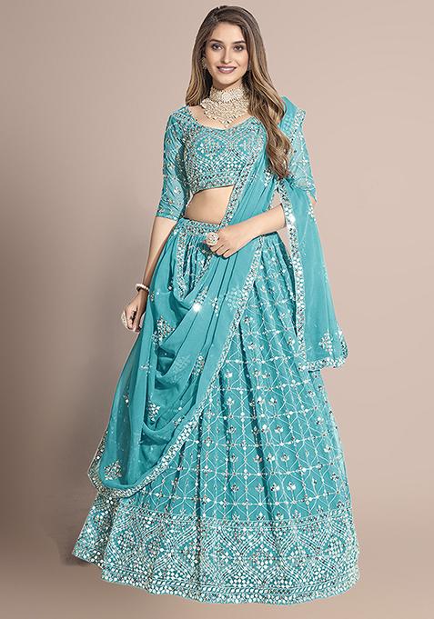 Aqua Blue Sequin Embroidered Poly Georgette Lehenga Set