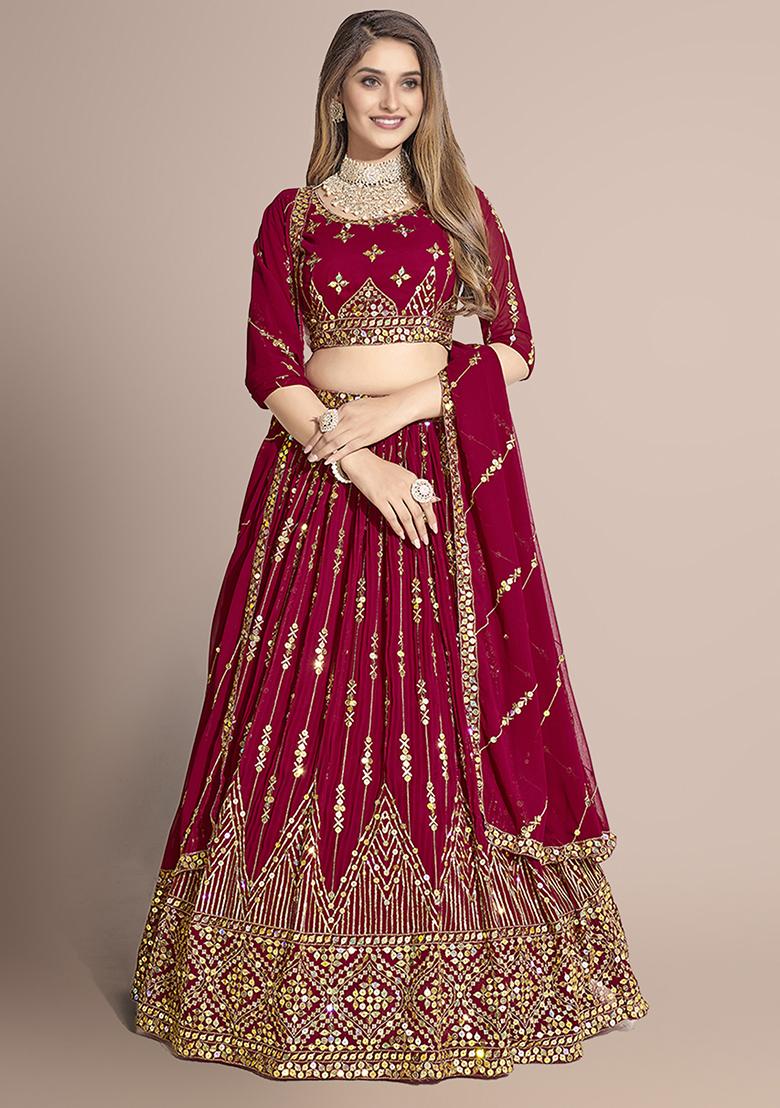 Maroon Sequin Embroidered Poly Georgette Lehenga Set