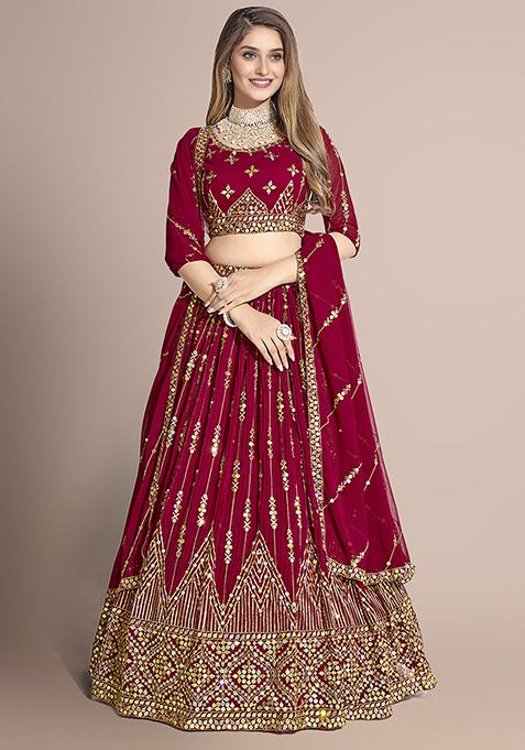 Maroon Sequin Embroidered Poly Georgette Lehenga Set