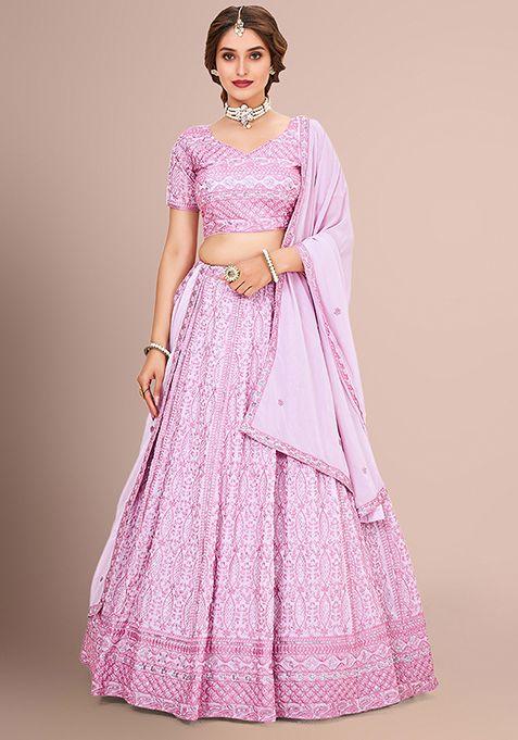 Onion Pink Sequin Thread Embroidered Poly Georgette Lehenga Set