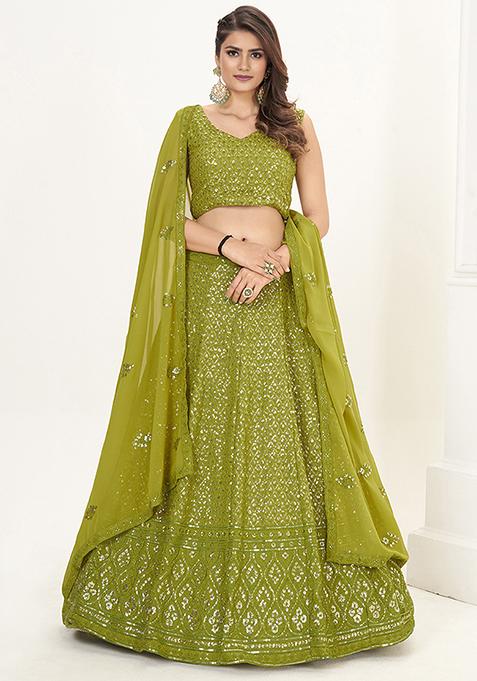 Olive Green Sequin Embroidered Poly Georgette Lehenga Set