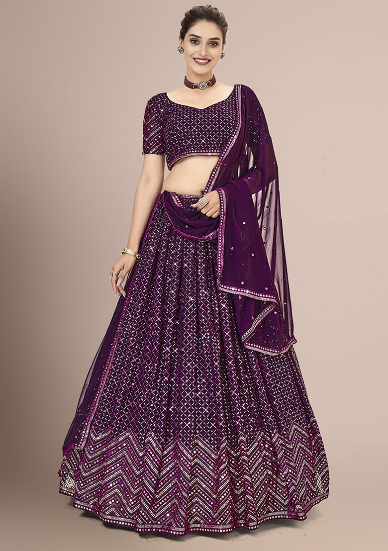 Buy Women Wine Georgette Sequin Embroidered Lehenga Set - Lehenga Set ...