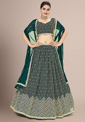 Deep Green Sequin Embroidered Poly Georgette Lehenga Set