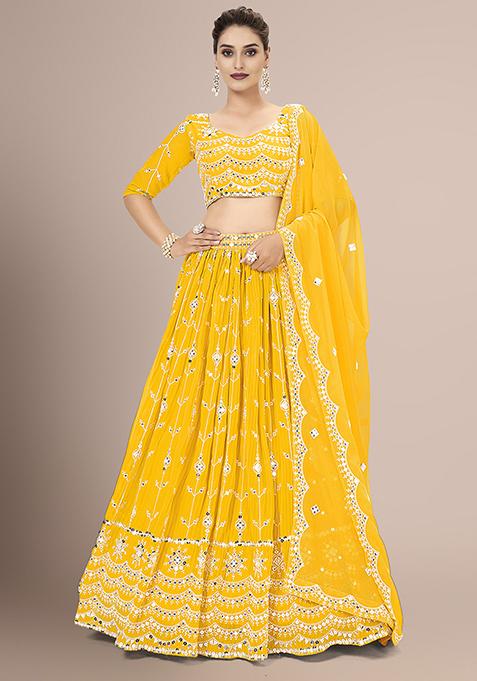 Yellow Sequin Embroidered Poly Georgette Lehenga Set