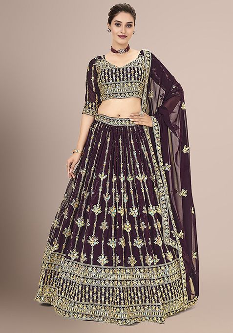 Wine Sequin Embellished Georgette Lehenga Set