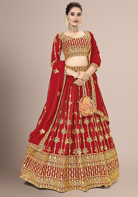 Red Sequin Embellished Poly Georgette Lehenga Set