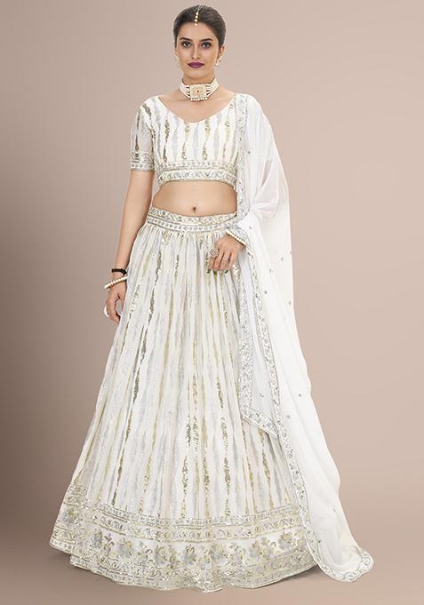 White Sequin Embroidered Poly Georgette Lehenga Set