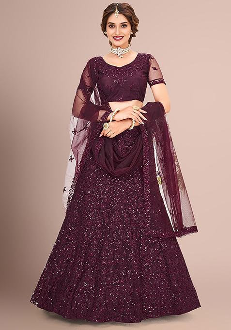 Wine Sequin Embroidered Net Lehenga Set