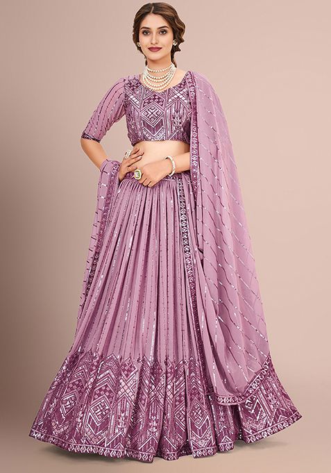 Onion Pink Sequin Embroidered Poly Georgette Lehenga Set