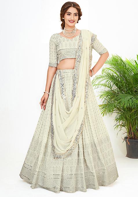 Ivory White Sequin Embroidered Poly Georgette Lehenga Set