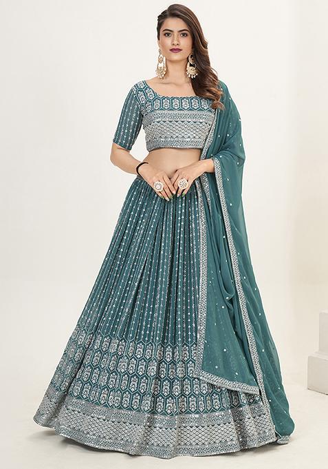 Teal Blue Sequin Embellished Poly Georgette Lehenga Set