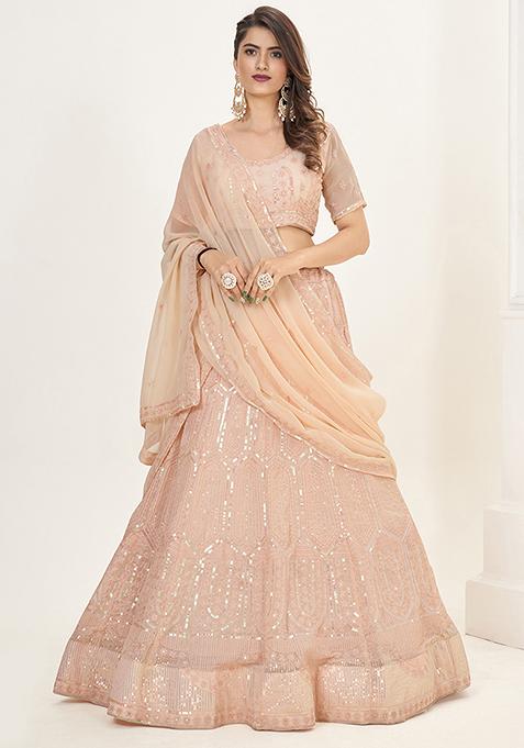 Peach Sequin Embroidered Net Lehenga Set