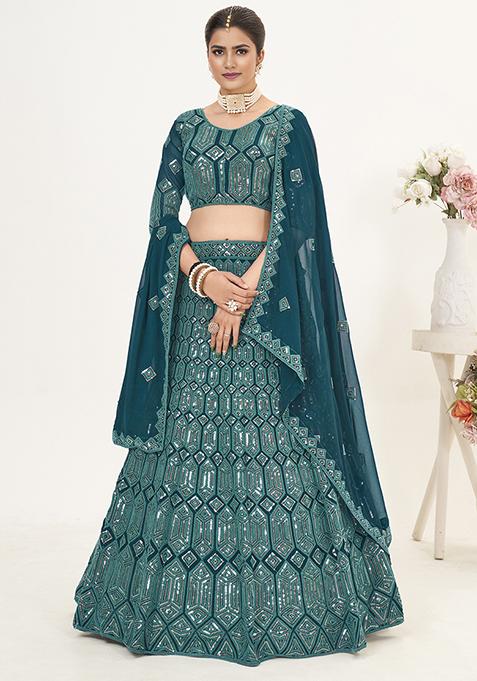 Teal Blue Sequin Embroidered Poly Georgette Lehenga Set