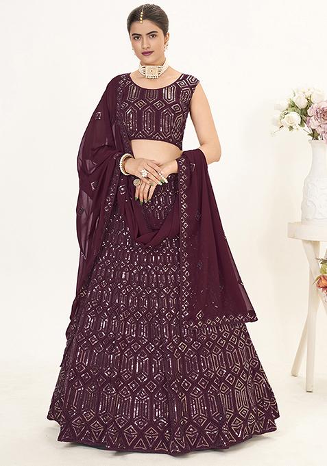 Wine Sequin Embellished Poly Georgette Lehenga Set