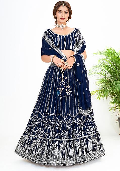 Navy Blue Embroidered Poly Georgette Lehenga Set