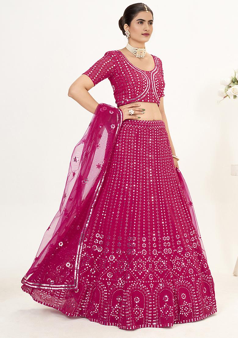Rani Pink Sequin Embroidered Poly Georgette Lehenga Set