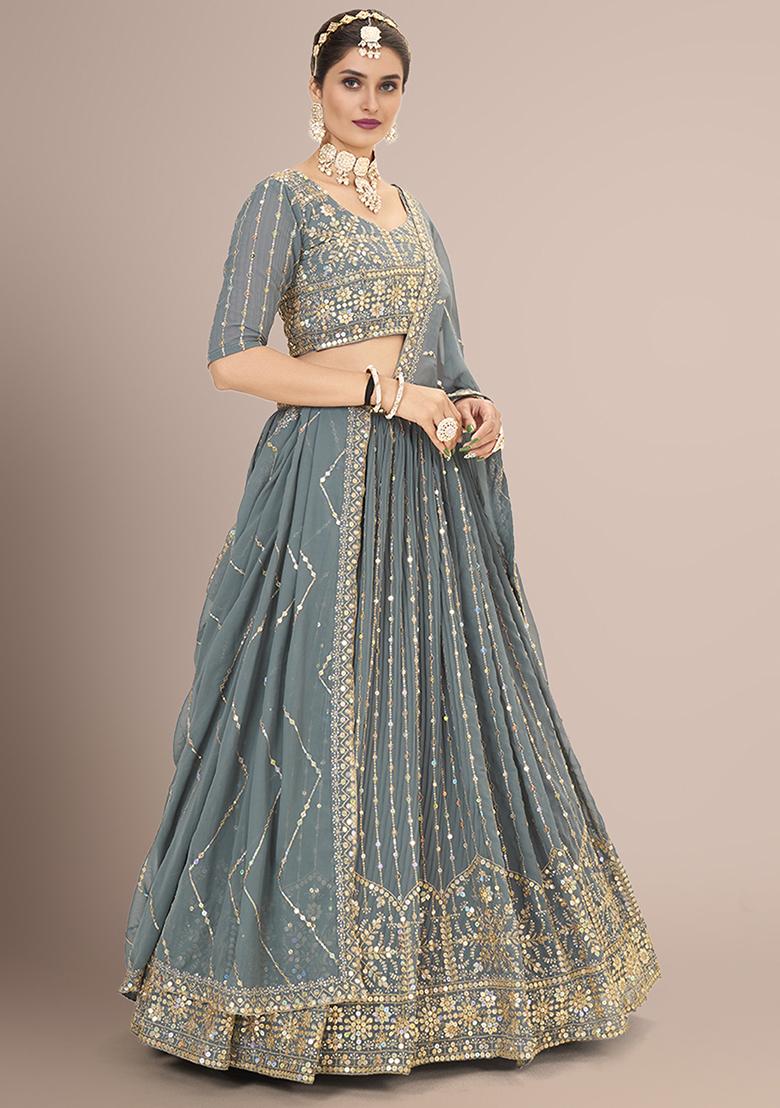 Grey Sequin Embellished Poly Georgette Lehenga Set