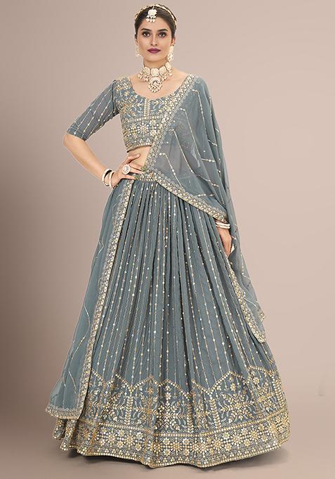 Grey Sequin Embellished Poly Georgette Lehenga Set