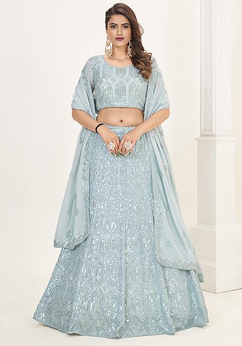 Sky Blue Sequin Embroidered Poly Georgette Lehenga Set