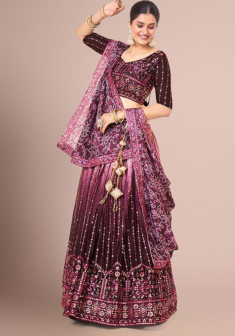 Burgundy Sequin Embroidered Poly Silk Lehenga Set