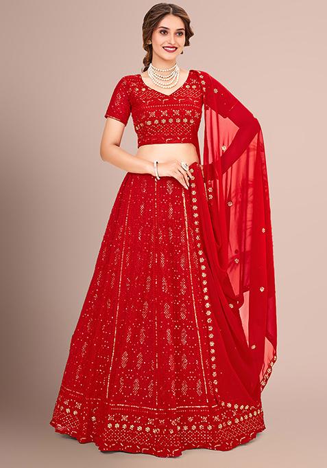 Red Sequin Embroidered Poly Georgette Lehenga Set